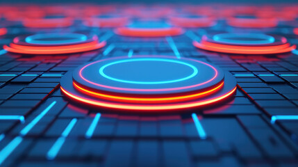 Futuristic circuit board with glowing blue and red circular nodes depicting advanced technology and digital connectivity in a modern abstract style.