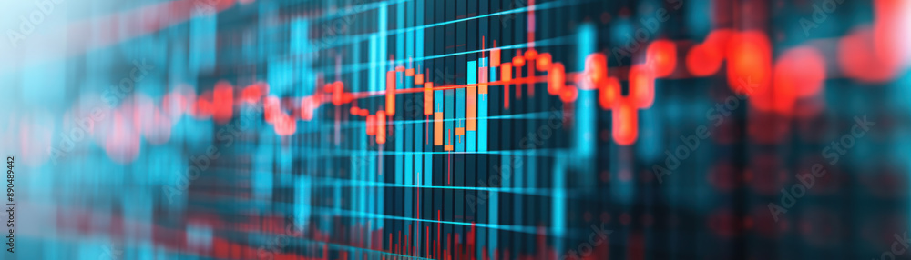 Poster digital abstract of financial data visualization with fluctuating red and blue lines on a screen, sh