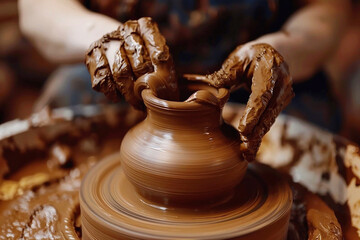 Hands of a potter, creating an earthen jar on the circle. Potter at work