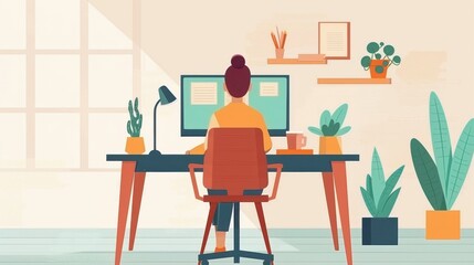 Telecommuting, worker at home with desktop computer, flat design illustration