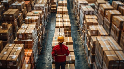 Fototapeta premium A logistics specialist working in a warehouse, surrounded by packed and labeled boxes ready for shipping The image captures the organization and meticulous attention to detail required to ensure