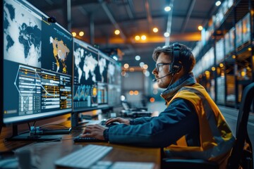 A logistics specialist analyzing transportation data on a large screen in a high-tech office environment The data includes route optimization and delivery schedules, illustrating the use of advanced