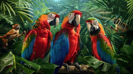 Obraz premium A group of colorful parrots are perched on a branch in a lush green jungle. The birds are of different colors, including red, yellow, and blue. Concept of vibrancy and life
