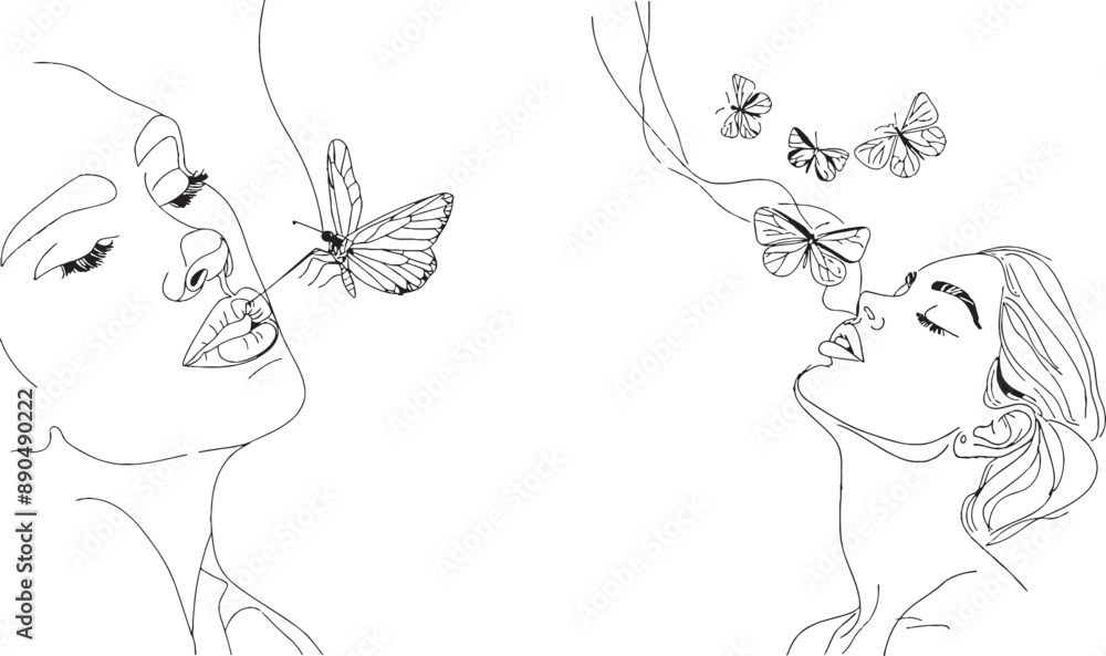 Poster a simple abstract face drawing with a butterfly on the top. portrait in a minimalistic style. surrea