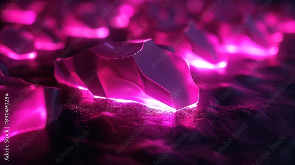 Poster bright pink glowing forms illuminate a dark background, creating a captivating 3d abstract effect.