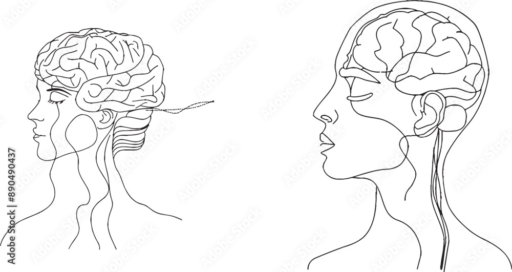 Poster brain in continuous one-line drawing. concept of chess thinking and mental health