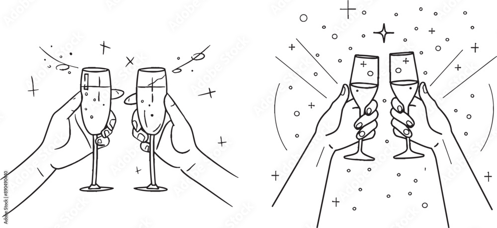 Aufkleber a continuous line of champagne cheers. hands toasting with wine glasses with drinks. cheers toast fe