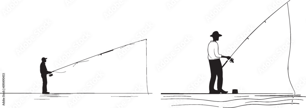 Poster Line icon of fisherman. Continuous one line with curl. Fishing place sign. Fisherman with rod symbol. Single outline ribbon of fisherman. Loop curve pattern. Modern illustration.