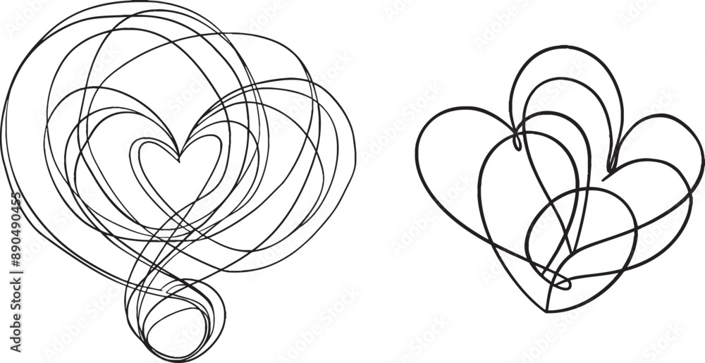 Poster hearts in one line style. love background in continuous lines