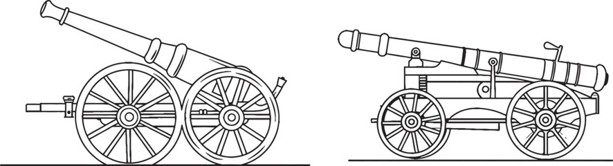Fototapeta premium Drawing of one line for a cannon. Drawing of one line for a cannon on the battlefield. Drawing of army warfare equipment in one line on a battlefield.