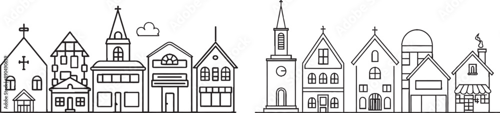 Poster a continuous one-line drawing of an elementary school building in a small city