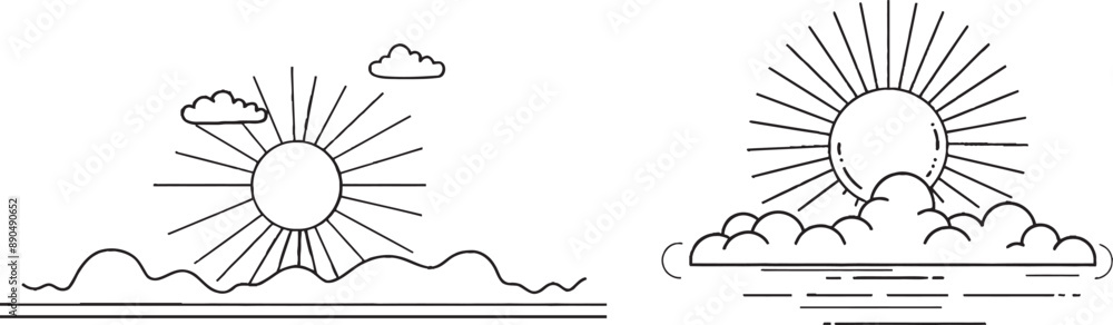 Poster a continuous one line drawing of the sun and a cloud. a contour sign for the sun. a single line sket