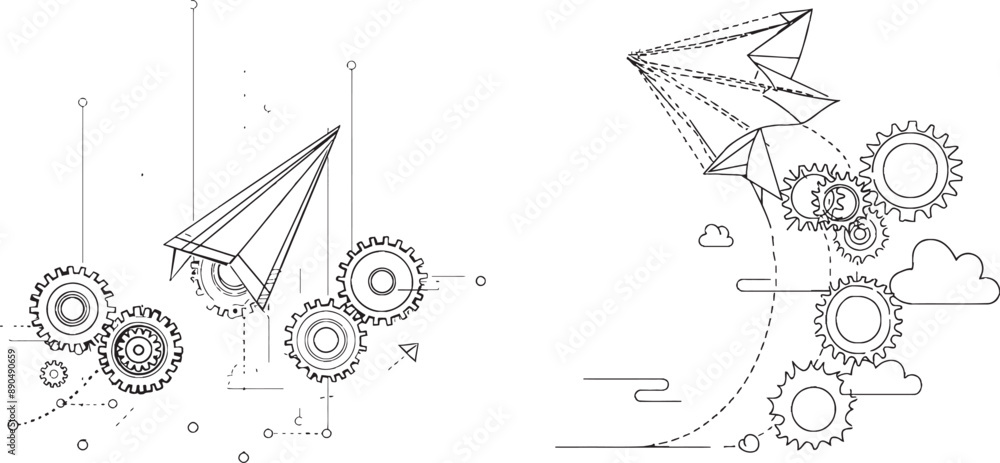 Aufkleber paper airplane with gears on continuous editable line. concept of learning, business, teamwork, and 