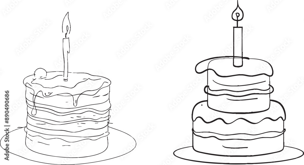 Canvas Prints One line illustration of birthday cake with candle on white background. Hand-drawn modern illustration. Black continuous editable stroke isolated on white background.