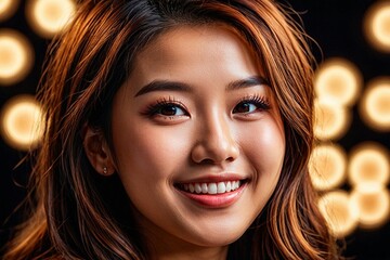 Naklejka premium Close up of Asian female model in a photo studio with diffused lighting behind