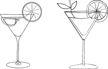 An outline of a cocktail in a continuous line drawing. Freehand illustration of a bar, restaurant, menu. Outline of a drink in a continuous line.