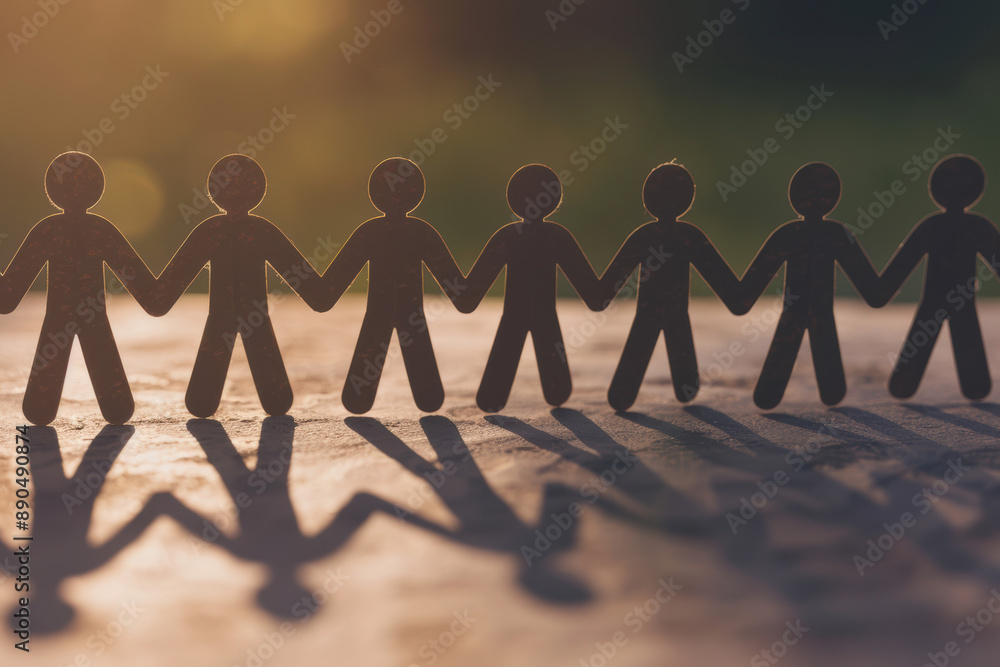 Aufkleber closeup of paper cutout figures in sunlight, symbolizing unity and teamwork, casting shadows over a 