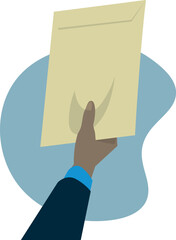 male hand holding an envelope, taking or passing to someone else