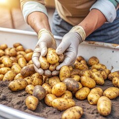people are sorting through the newly harvested young potatoes, still with dirt on the surface, passing through the conveyor