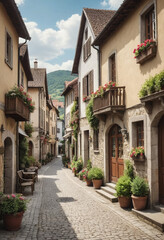  A vintage postcard-style image of a charming European village. 