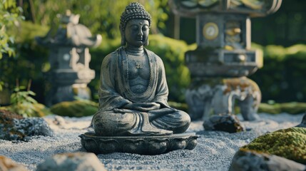Obraz premium A statue of a Buddha is sitting on a rock in a garden. The statue is surrounded by rocks and a small building. Scene is peaceful and serene, as the statue is in a quiet and calm setting