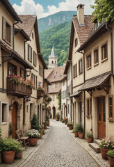  A vintage postcard-style image of a charming European village. 