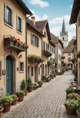  A vintage postcard-style image of a charming European village. 