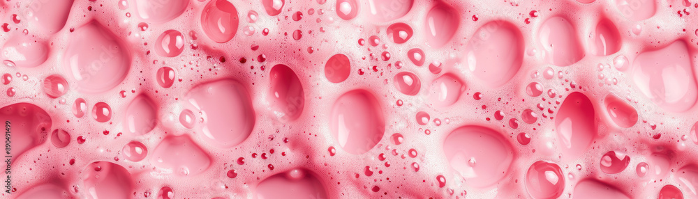 Poster close-up of pink bubbles and foam texture creating an abstract and vibrant background with shiny and