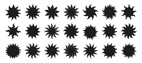 A large set of sun silhouettes. Black vector sun on white background