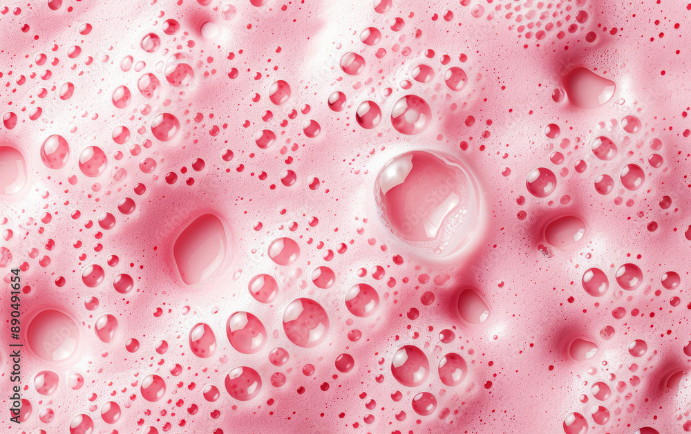 Poster close-up of vibrant, pink soap bubbles forming a frothy texture. the bubbles create an abstract patt