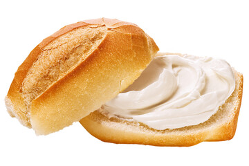 Pão com cream cheese isolado em fundo transparente - pão francês com requeijão cremoso