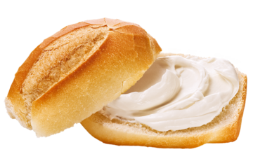 Pão com cream cheese isolado em fundo transparente - pão francês com requeijão cremoso