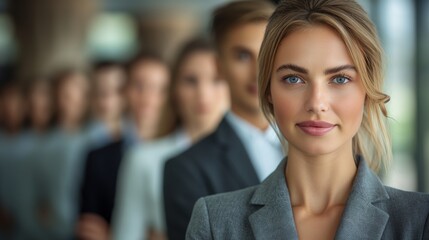 Fototapeta premium Confident businesswoman leading her diverse team in a modern office setting with others in focus.