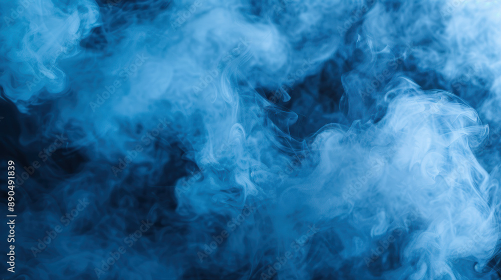 Poster mystical blue smoke swirling in an abstract pattern against a dark background, creating an ethereal 