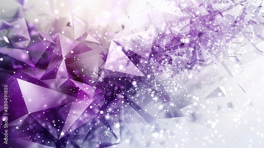 Poster construct an abstract background with exploding particles in purple and white, showcasing dynamic sh
