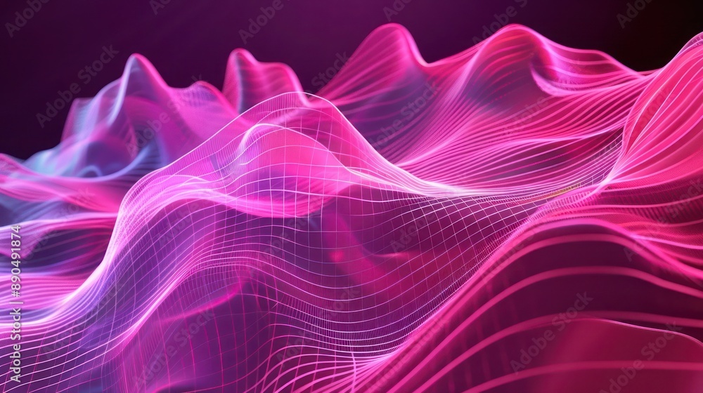 Poster captivating 3d sound wave design with layers in pink and magenta, blending flowing lines and depth f