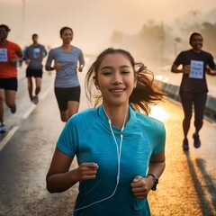 Obraz premium A young laughing person running in a marathon