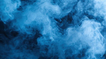Mystical blue smoke swirling in an abstract pattern against a dark background, creating an ethereal and atmospheric scene full of depth and intrigue.