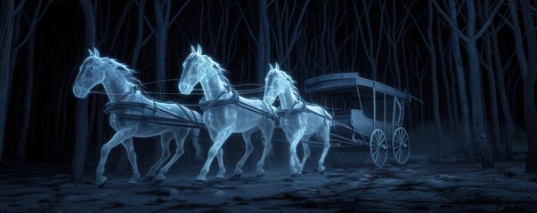 A ghostly carriage pulled by spectral horses, traveling through a dark forest