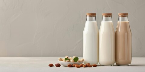 Three glass bottles filled with milk, almond milk and soy milk.