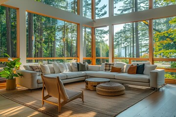 Fototapeta premium Cozy living room with large windows overlooking forest, modern furniture and natural light