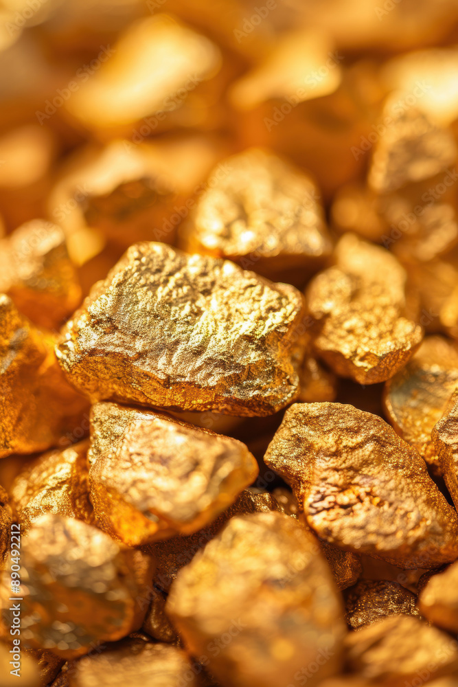 Poster a close-up view of multiple golden nuggets displaying their shiny, textured surfaces, showcasing the