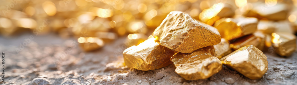 Poster close-up view of raw gold nuggets scattered on a stone surface with a bokeh effect in the background
