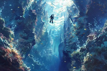 Diver under the deep sea with deep sea cliffs that are beautiful and mysterious.