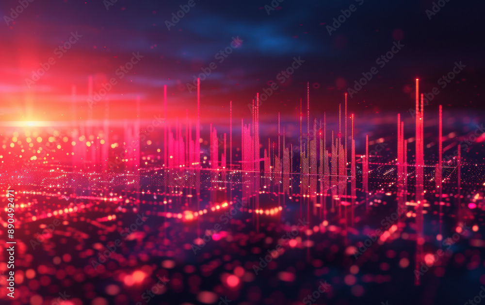 Poster abstract digital landscape with vibrant holographic lines and data visualization in a futuristic cit