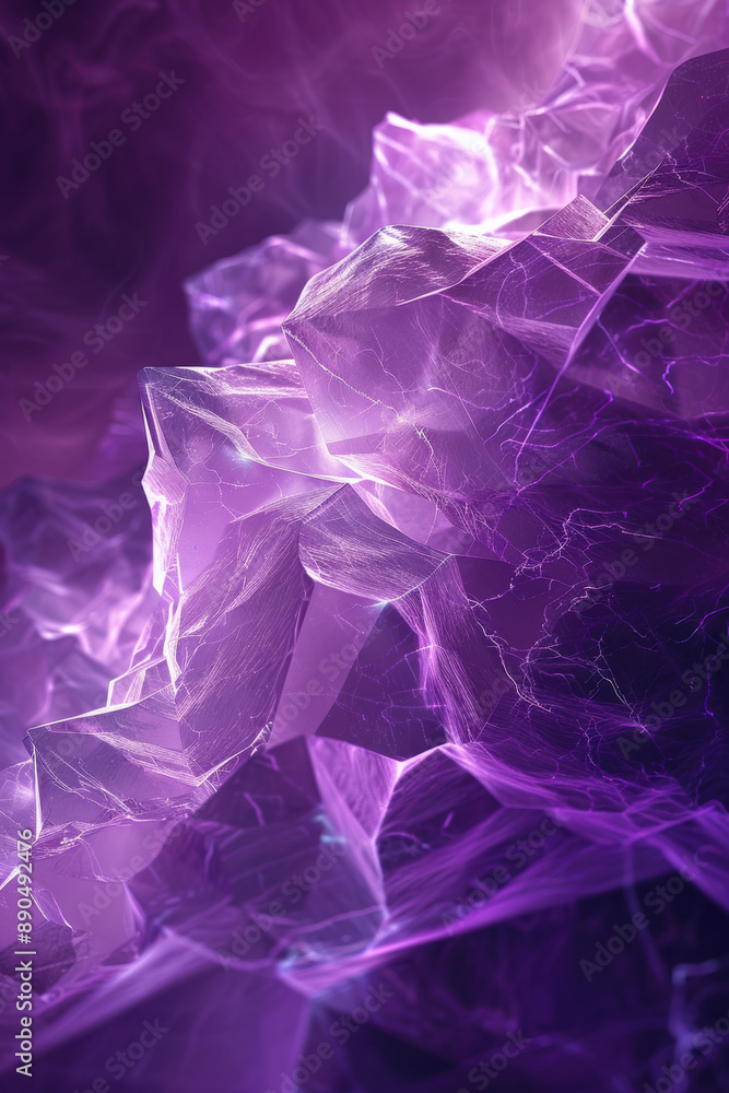 Poster Vibrant abstract digital art featuring translucent purple crystalline structures with a luminous glow, creating a mesmerizing and ethereal visual experience.