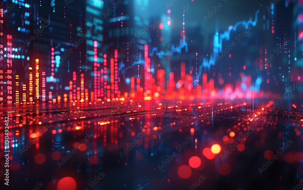 Poster abstract digital data visualization with glowing blue and red lights, representing technological adv