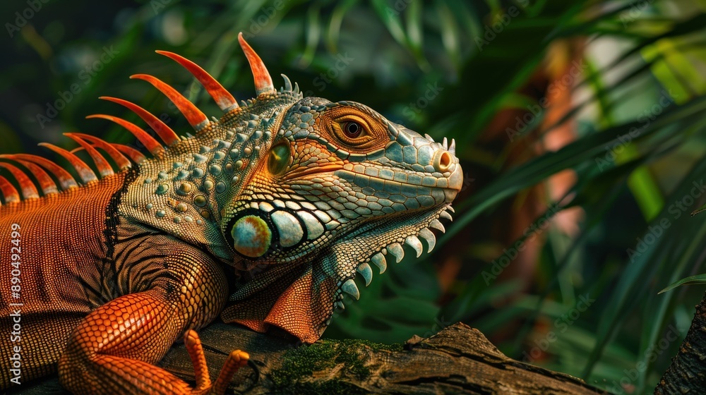 Poster a lizard with red and green markings is laying on a branch. the lizard has a very distinct look to i