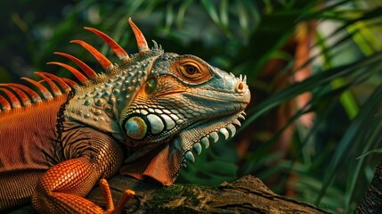 Obraz premium A lizard with red and green markings is laying on a branch. The lizard has a very distinct look to it, with its long, spiky tail and bright colors. The image has a sense of calm and tranquility