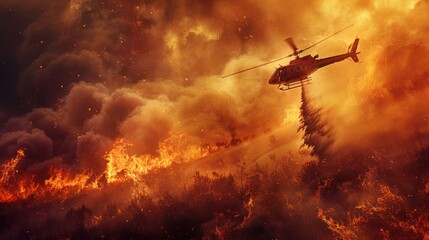 A helicopter dropping water on a wildfire, with smoke and flames below
